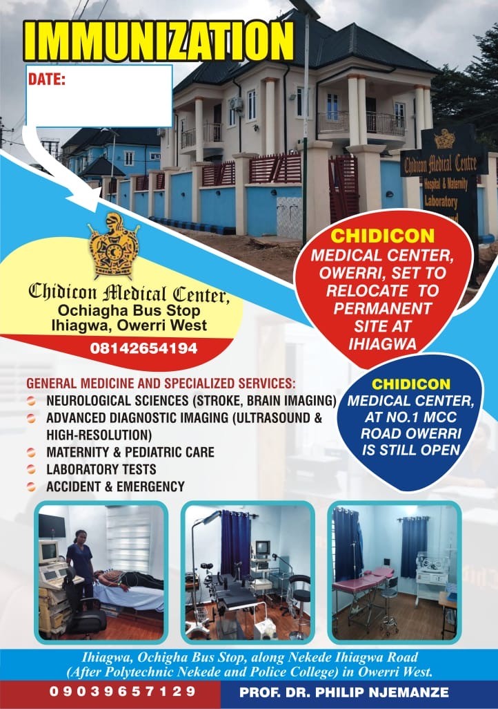 Chidicon Medical Center immunization notice with clinic information and services